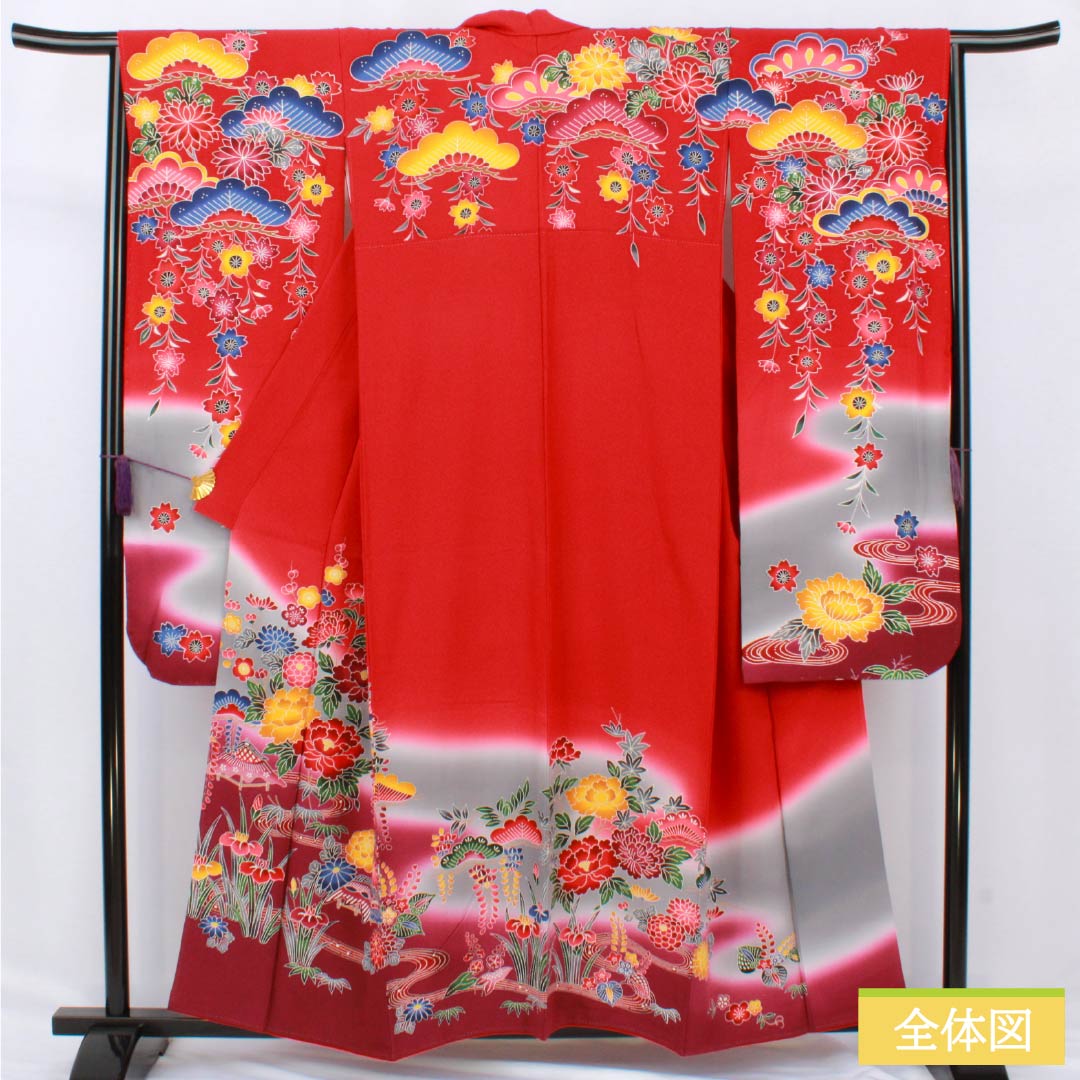 Furisode Pure Silk S Rank Length 157.5cm Sleeve-to-sleeve 65.5cm Lined Crimson Kyoto Bingata Auspicious Motifs Pine Cherry Red 1113002312312