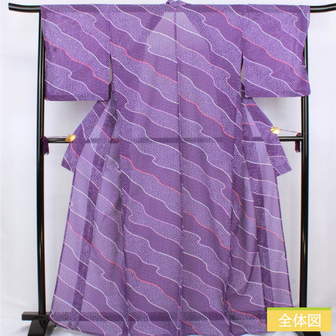 Summer kimono, polyester, Komon, Length 167.5cm, Sleeve Length 68.5cm, Purple (Murasakiiro), Small Floral Pattern, Michinaga Pattern, Washable, Ro, S Rank, Purple, Item Number 1132002522520