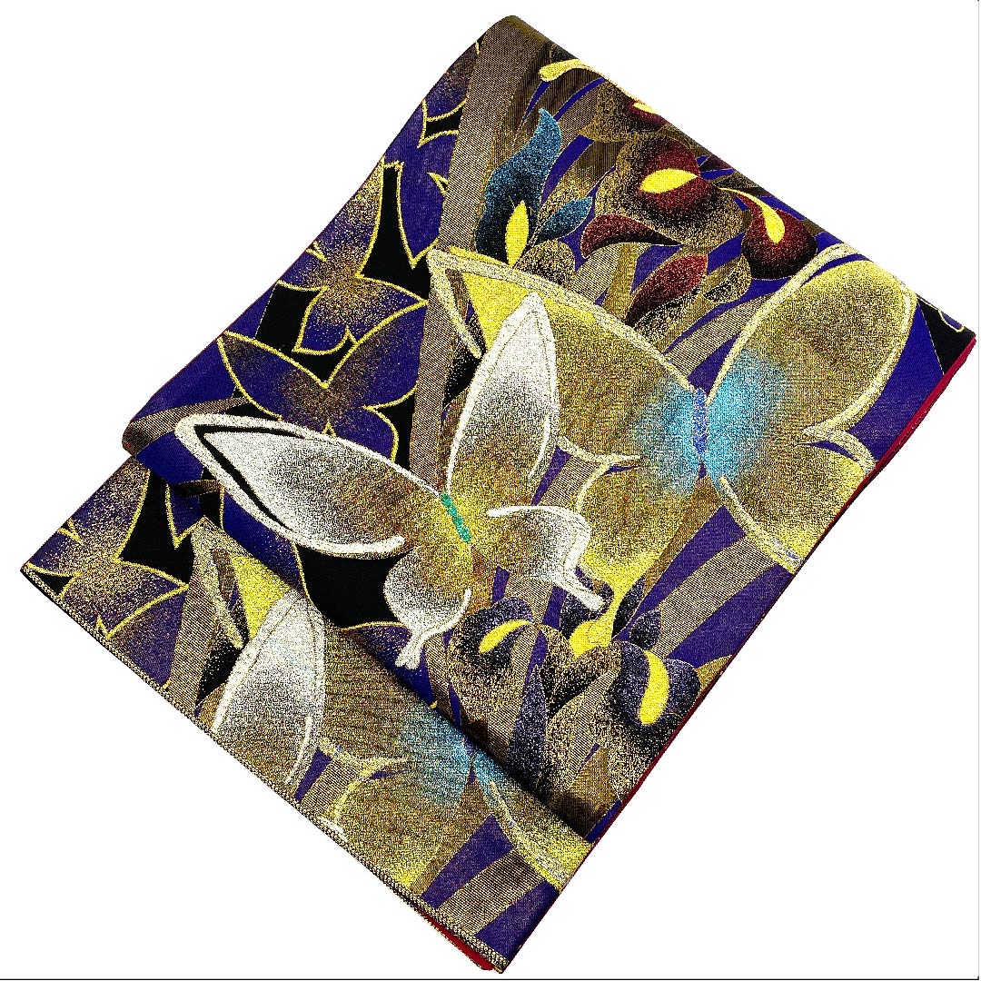 Edo Murasaki Iro (Edo Murasaki Color) Fukuro Obi (Butterfly, Flower, Gold Embroidery) Length 430cm Pure Silk S Rank Six-way Formal Purple 1123007142320