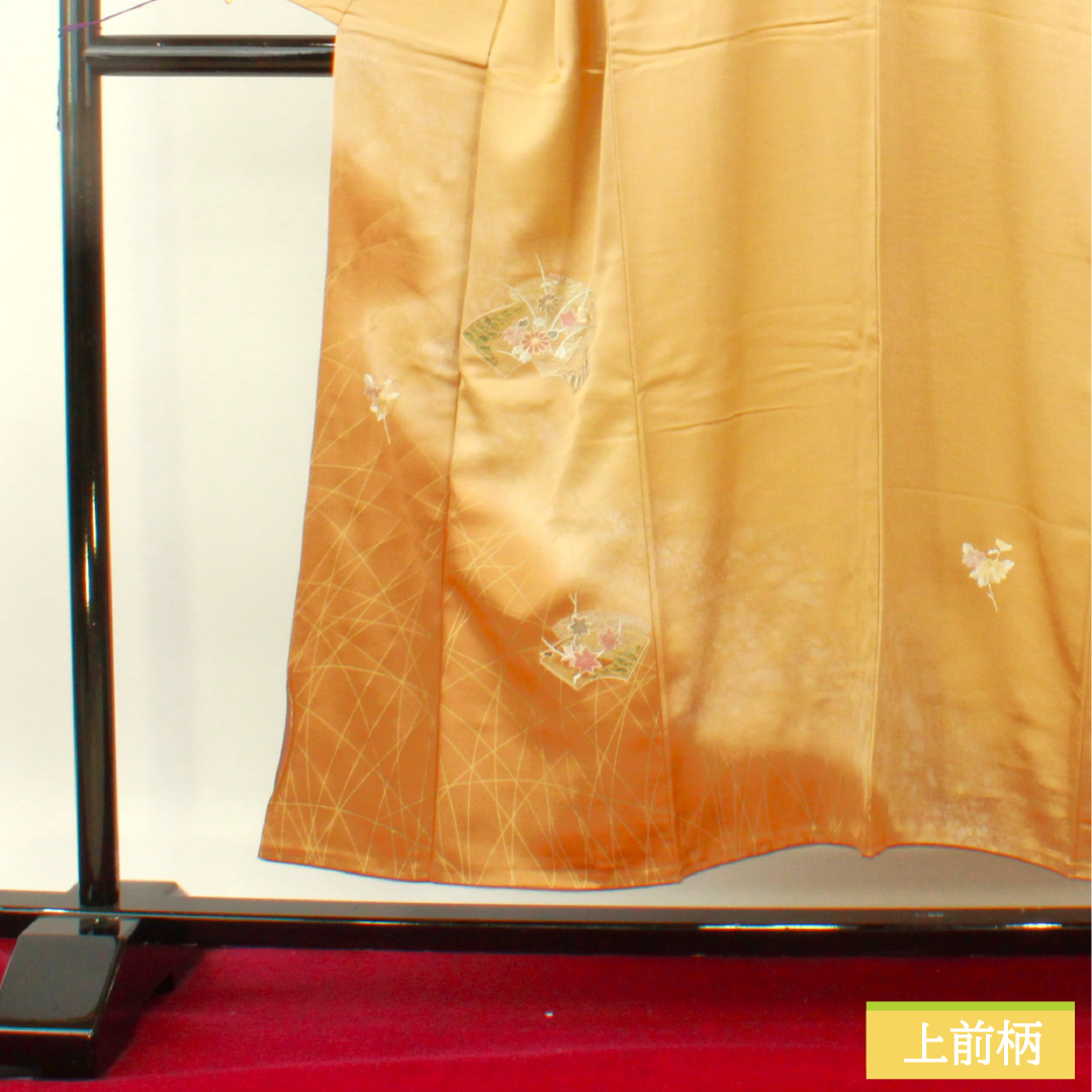 Homongi, pure silk, lined, length 150.5cm, sleeve length 62cm, pale withered leaf color, embroidered fan surface, floral pattern, S rank, brown, 1112004682114