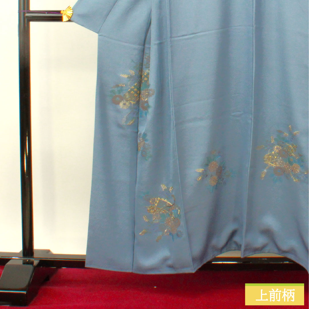 訪問着 正絹 袷 身丈158cm 裄丈63cm 薄花色(うすはないろ) 刺繍 草花模様 Aランク 青系 1112004693317