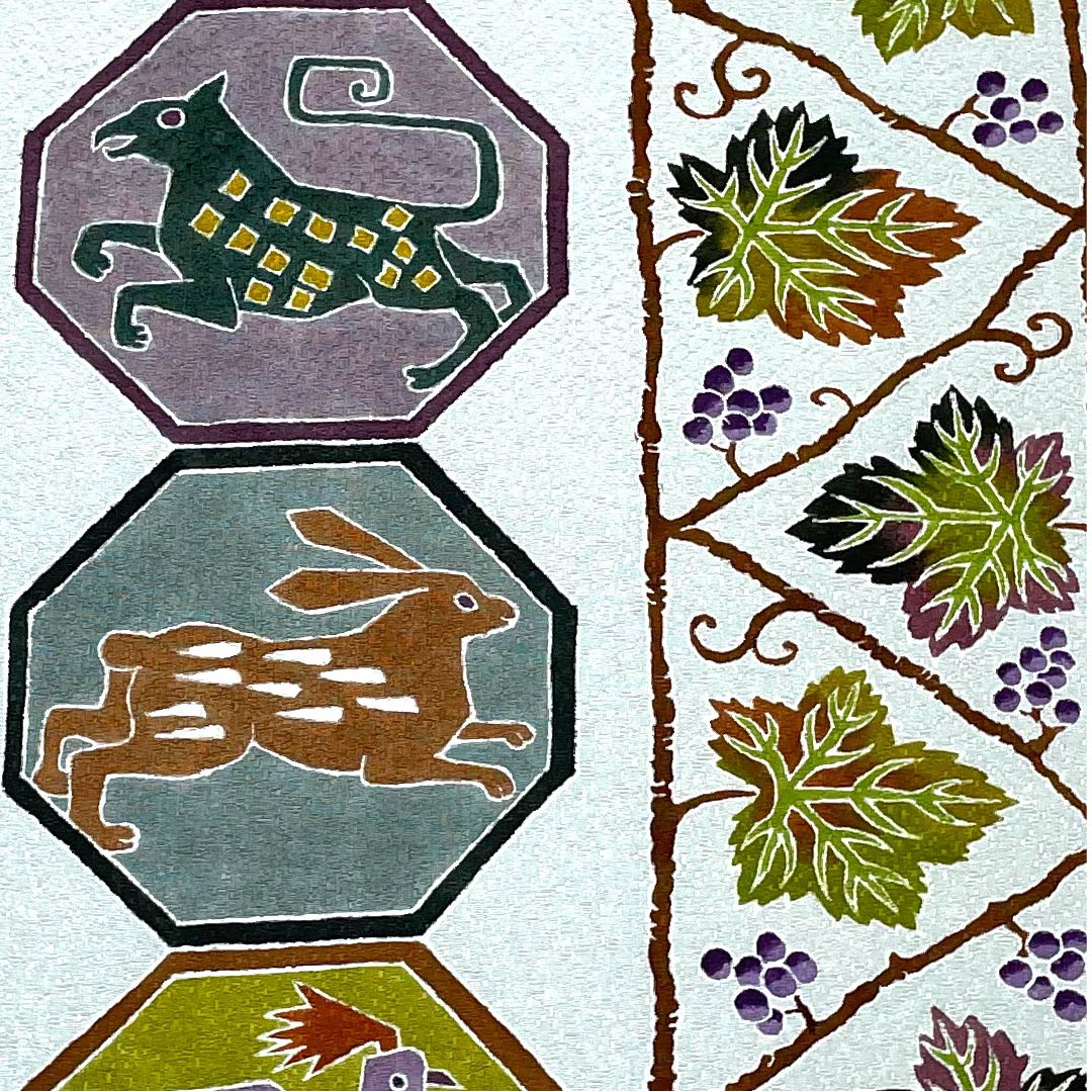 Nagoya obi, blue and white porcelain, artist's work, stencil dyeing, animal pattern, grape pattern, obi length 374cm, pure silk, S rank, point pattern, casual, blue, 1124005182317, Nagoya tailoring