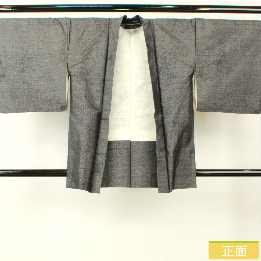 Haori, pure silk, length 84cm, sleeve length 66cm, Oshima Tsumugi, weft kasuri, floral pattern, S rank, lined, black, 1117001162910
