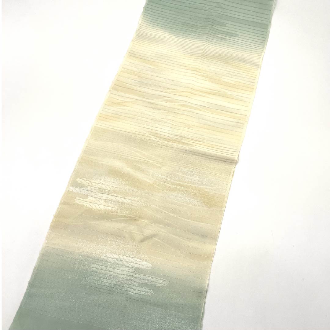 帯揚げ 正絹 セミフォーマル 鳥の子色(とりのこいろ) 白緑色(びゃくろくいろ) 絽 夏用 長さ約178cm 幅約28.5cm Sランク クリーム系 1136000672915