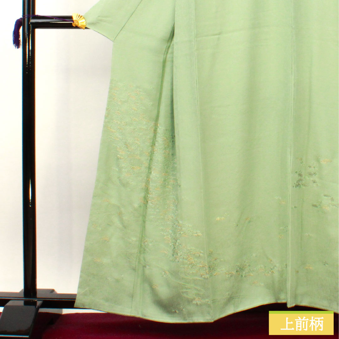 訪問着 正絹 袷 身丈159.5cm 裄丈66cm 裏葉色(うらはいろ) 蘇州刺繡 松 流水 しつけ糸付き 未使用品 Sランク 緑系 1112004172319