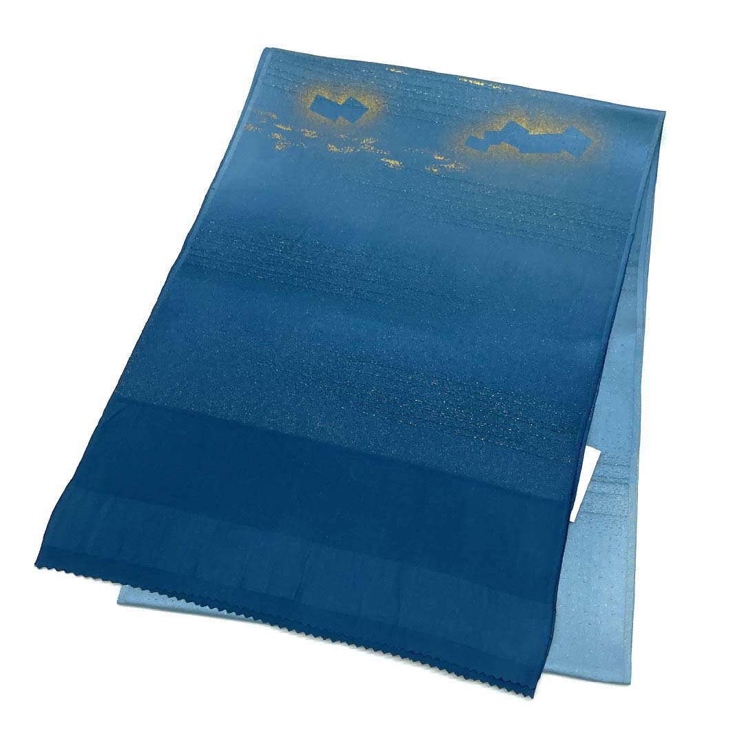 (Like new) S-Rank Silk Obiage (Semi-Formal) Indigo Velvet (Aibiroudo) with Gold Thread, Approximately 171cm Long, 30.5cm Wide, Blue, Item Number: 1136002082917