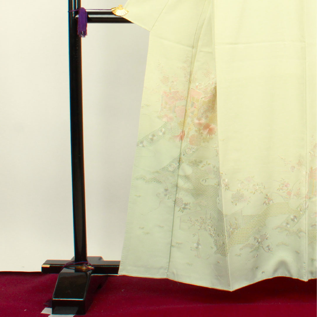 訪問着 袷 身丈159.5cm 裄丈65cm 翠山刺繡 利休白茶色 汕頭刺繡 蘇州刺繡 片喰 正絹 Sランク 緑系 1112002242319