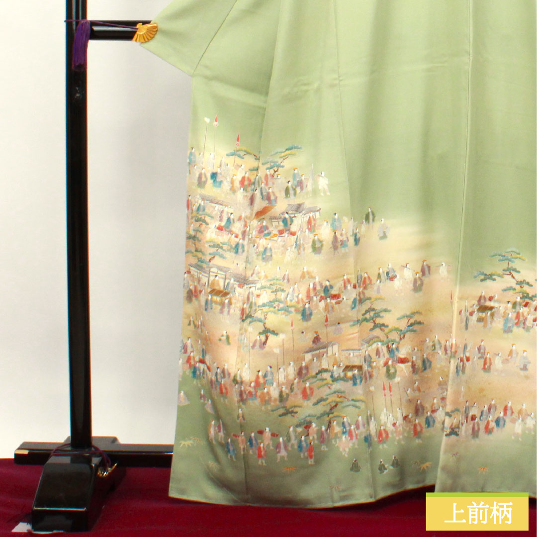 色留袖 正絹 身丈165cm 裄丈64.5cm 袷 裏葉色(うらはいろ) 京友禅 大名行列 梅鉢 一つ紋 しつけ糸付き 未使用品 Sランク 一つ紋 緑系 1111001202519