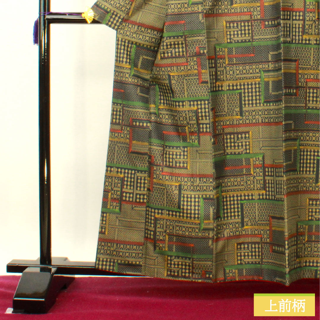 紬 正絹 身丈161.5cm 裄丈62cm 幾何学模様 Sランク 袷 黒系 1116003552410