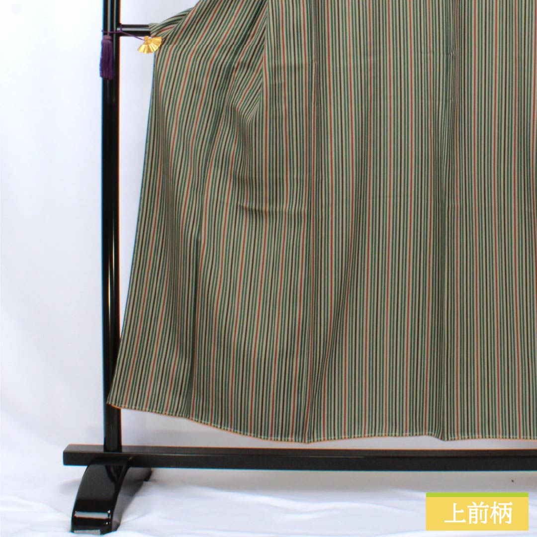 小紋 正絹 Sランク 身丈152cm 裄丈64.5cm 袷 利休鼠色(りきゅうねずみいろ) 縞 しつけ糸付き 緑系 1115007682219