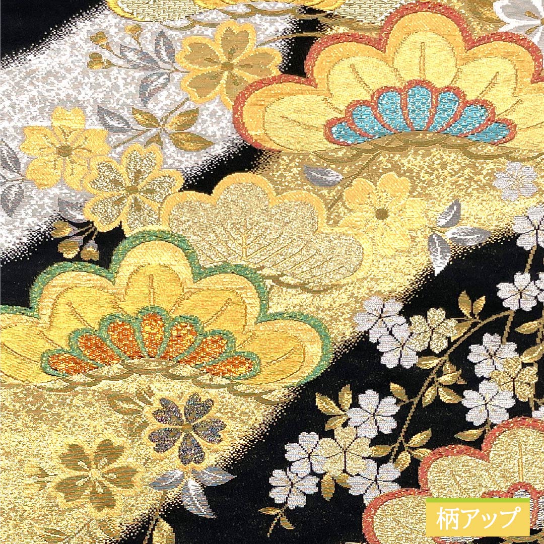 Formal black obi, pure silk, S-rank, Matsushima Orimono, cherry blossom pattern, 428cm long, six-fold hem, for furisode. Product code: 1123015752310
