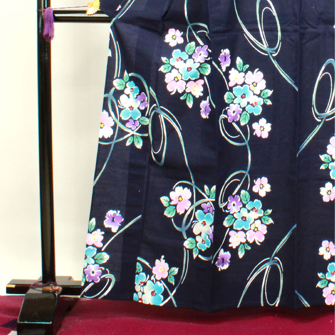 Yukata with basting thread, unused, dark navy blue, abstract flower, cotton, S rank, single layer, length 164cm, sleeve length 67cm, navy blue, 1118003432418