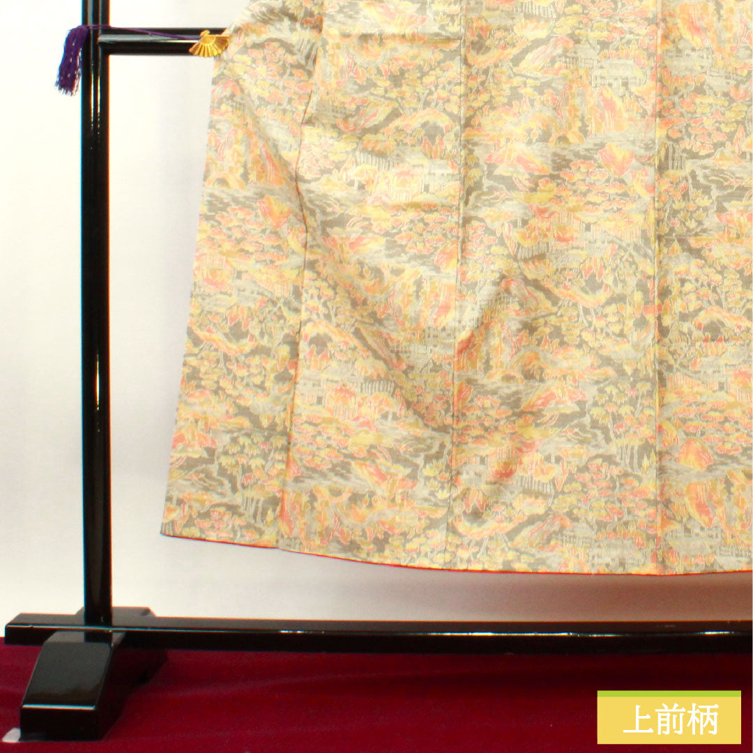 紬 正絹 身丈150.5cm 裄丈62cm 絹鼠色(きぬねずいろ) 風景模様 しつけ糸付き 未使用品 Sランク 袷 グレー系 1116003402122