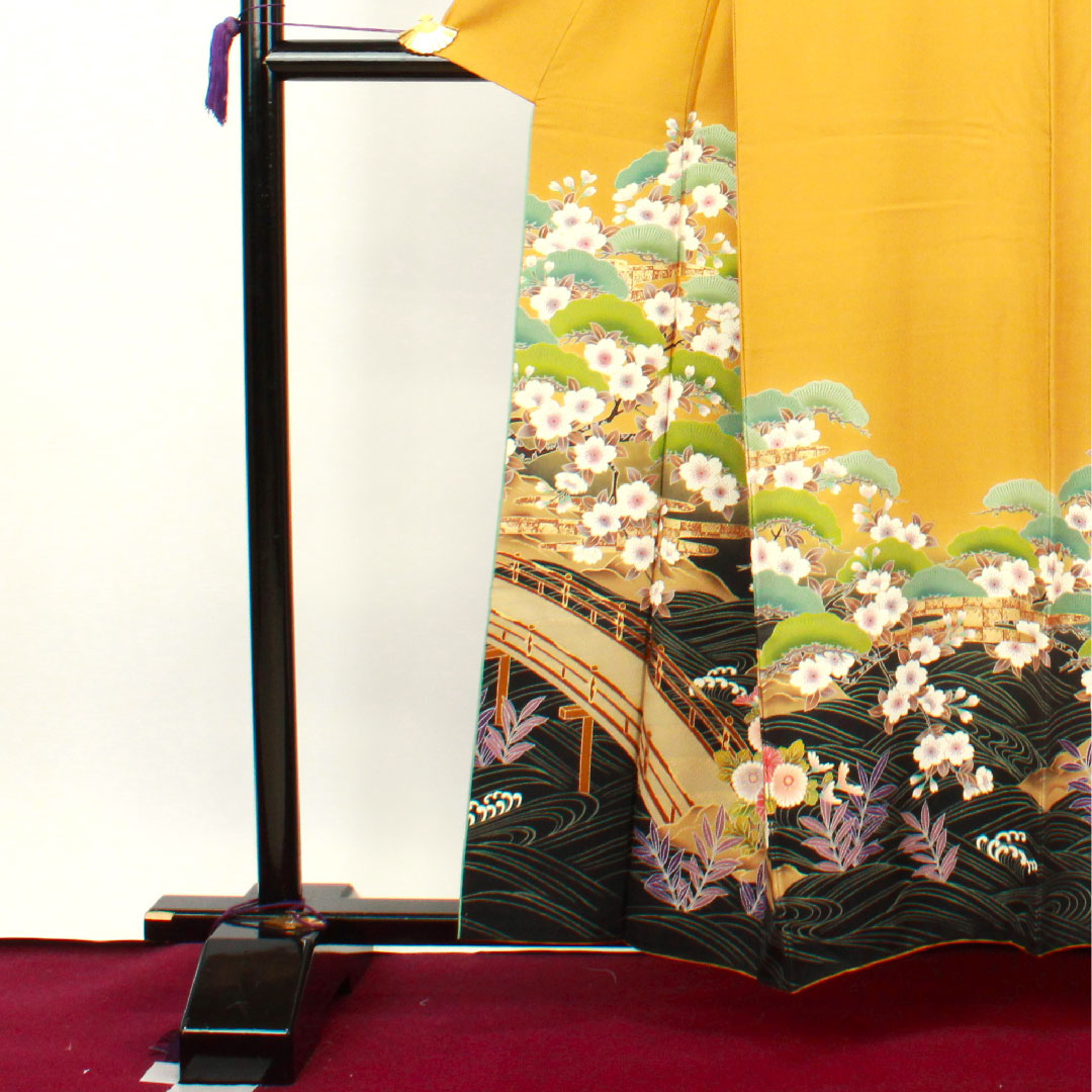 Homongi, lined, length 158.5cm, sleeve length 61.5cm, tan, Kyo-Yuzen, cherry blossom, pure silk, S rank, yellow, 1112002212323