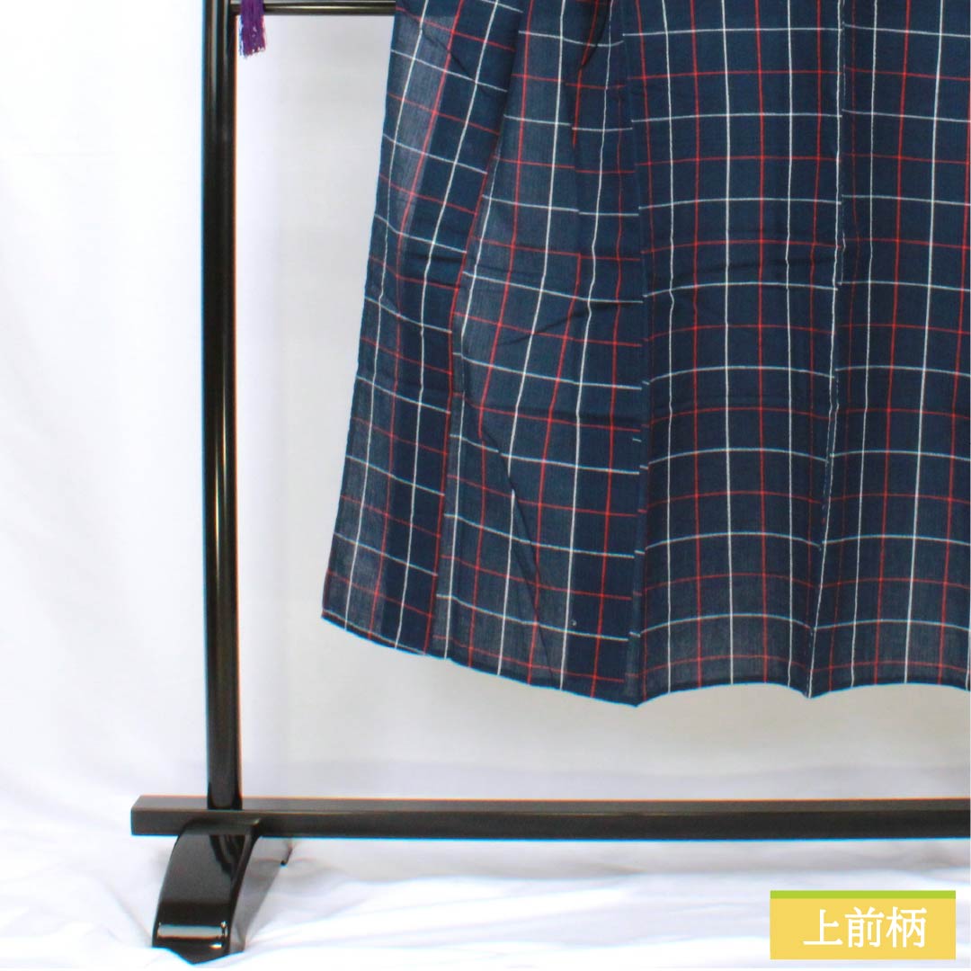 Cotton Yukata, Length 142cm, Sleeve Length 63cm, Rank B, Single Layer, Navy Blue, Shijira Weave, Red and White Check Pattern, 1118005834118