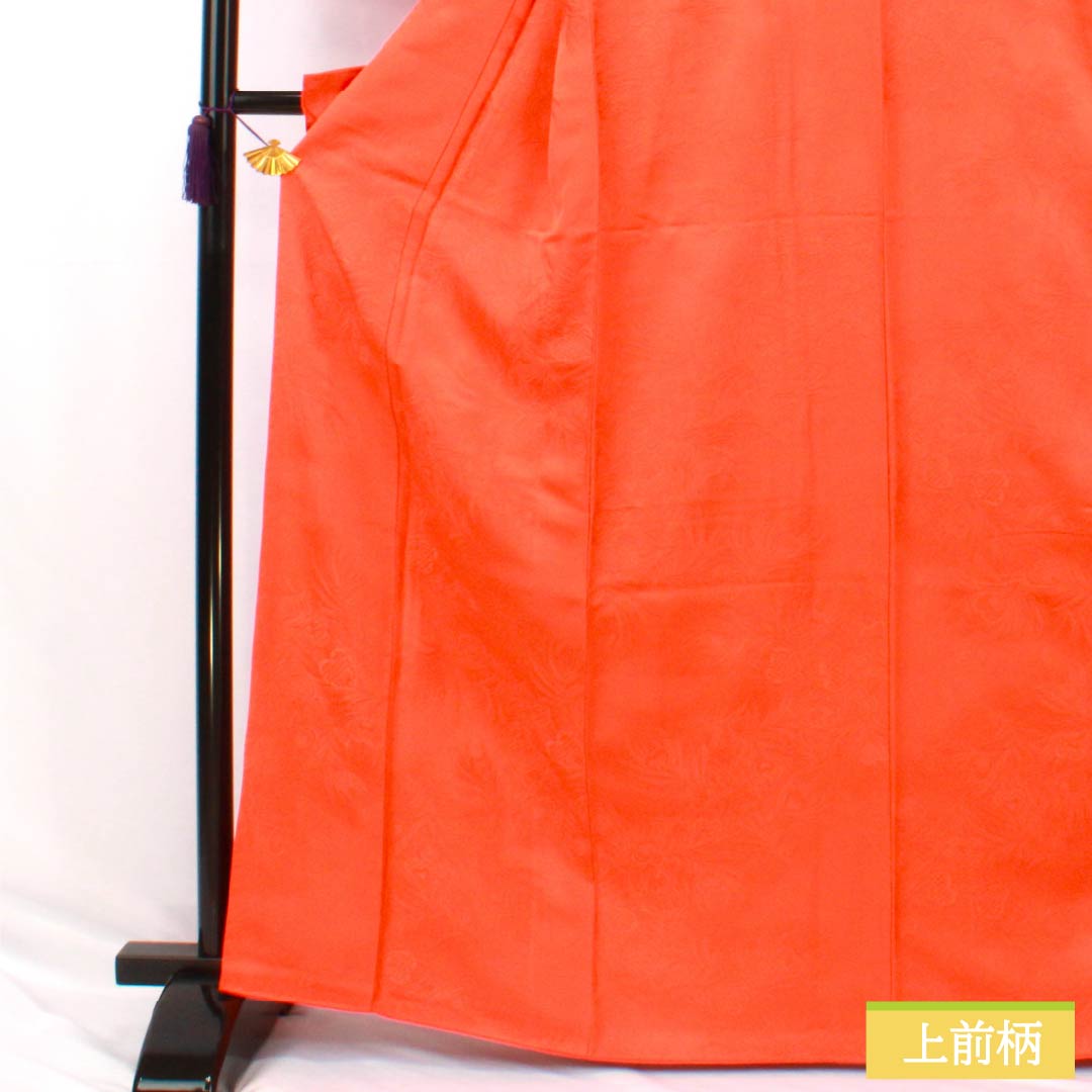 Solid-colored silk kimono, S-rank, length 165.5cm, sleeve length 64cm, Kyoto scarlet (Kyohiiro), peacock feather design, single crest, sword and katabami pattern, lined, orange, 1114002462526