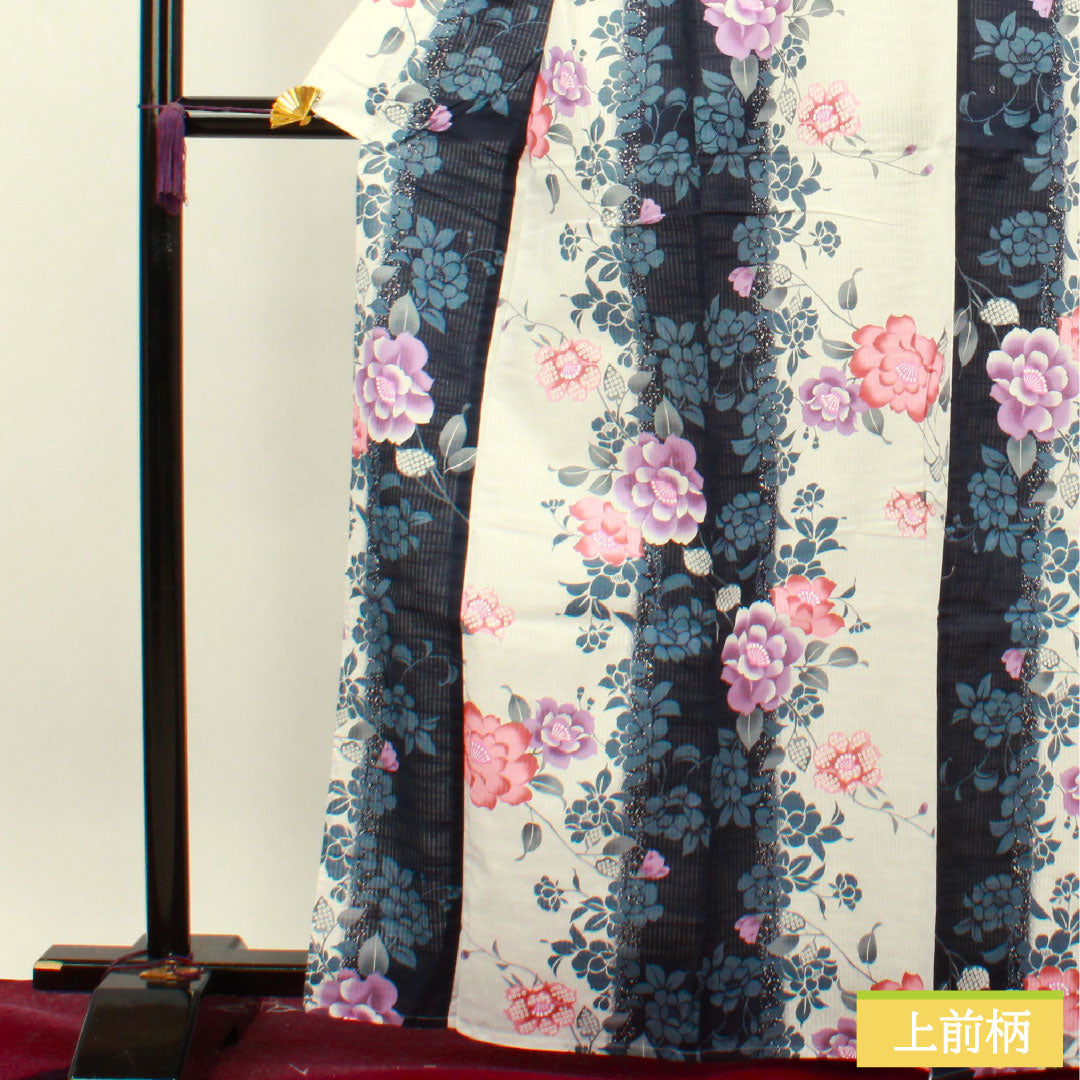Yukata Cotton Length 166cm Sleeve length 67cm S rank Single layer White Vertical silk Peony 1118004752511