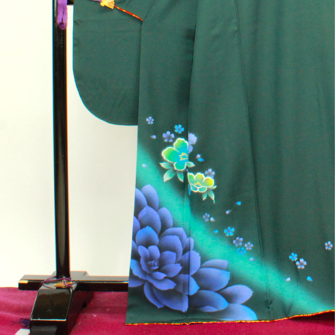 振袖 身丈165cm 裄丈70cm 袷 鉄色 京友禅 花模様 正絹 Aランク 緑系 1113001563519