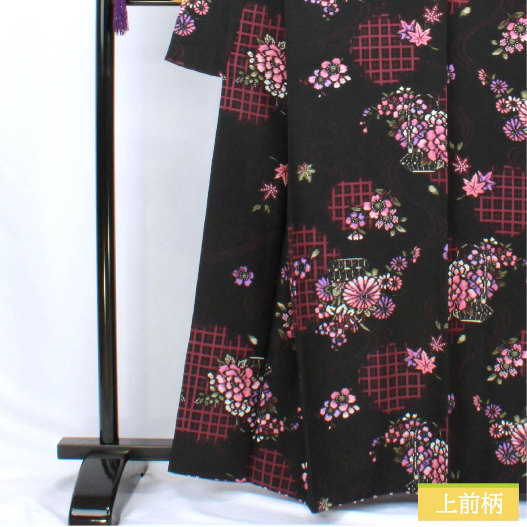 Komon (small pattern) kimono, polyester, length 163cm, sleeve length 67cm, lined, flower basket design, washable, rank A, black, product number 1115005893410