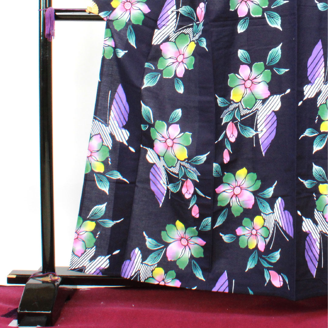 浴衣 濃紺色 草花模様 木綿 Sランク 単衣 身丈161.5cm 裄丈64cm 紺系 1118001982418