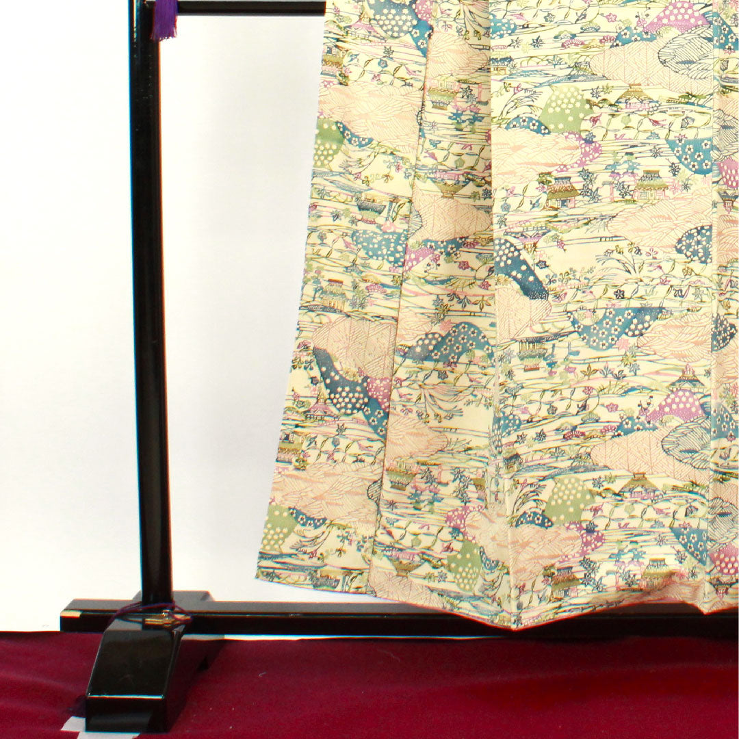 小紋 身丈154.5cm 裄丈61.5cm 袷 砥粉色 紅型 風景模様 正絹 Aランク クリーム系 1115003083215