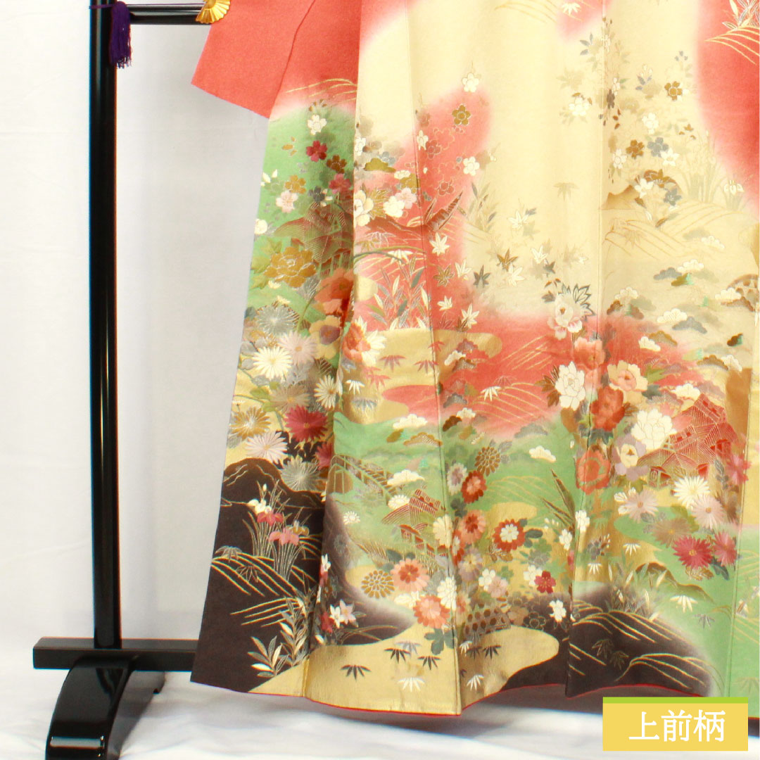 Homongi, pure silk, lined, length 160cm, sleeve length 63cm, coral color, Kyo-Yuzen, embroidery, auspicious pattern, A rank, pink, 1112005423413