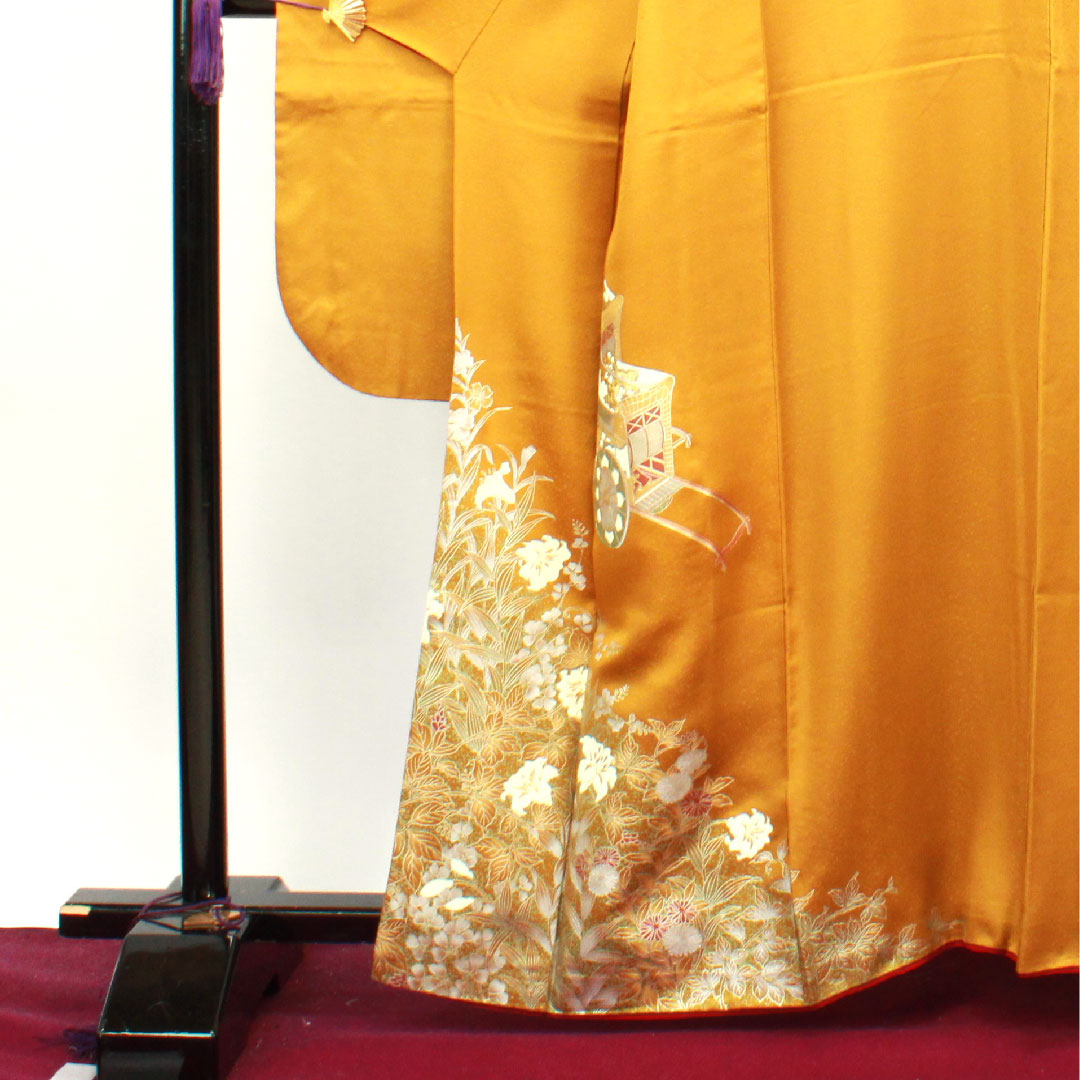 振袖 正絹 Sランク 身丈161cm 裄丈67cm 袷 黄茶色(きちゃいろ) 京友禅 御所車 草花模様 黄系 1113002352423