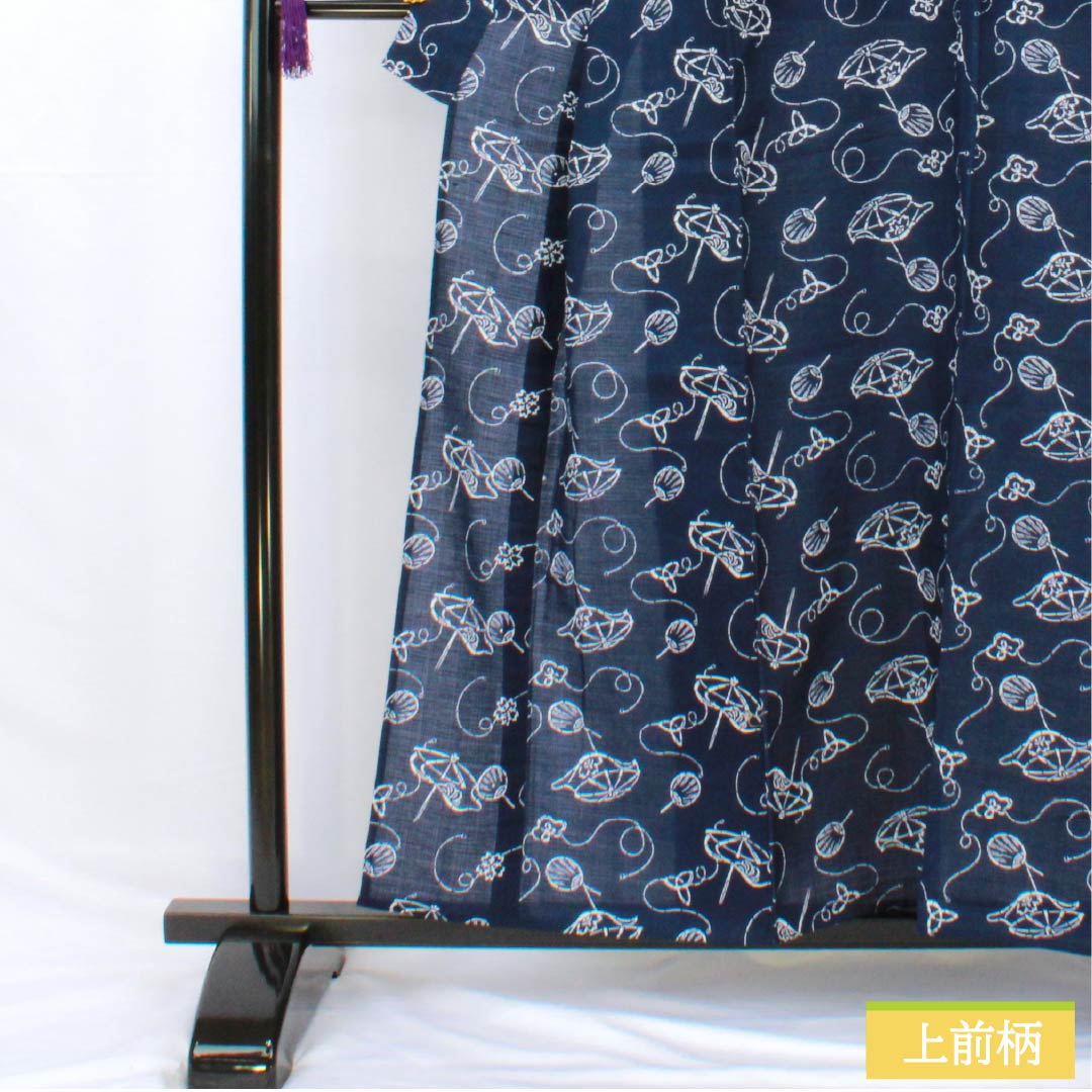 Yukata Cotton Length 157cm Sleeve length 65cm A rank Single layer Navy blue Umbrella Fan pattern 1118005603318