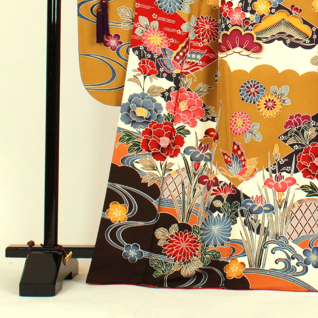 振袖+長襦袢セット 身丈169.5cm 裄丈68cm 袷 京紅型 蝶 菊 菖蒲 正絹 Aランク 黄系 1113000453523