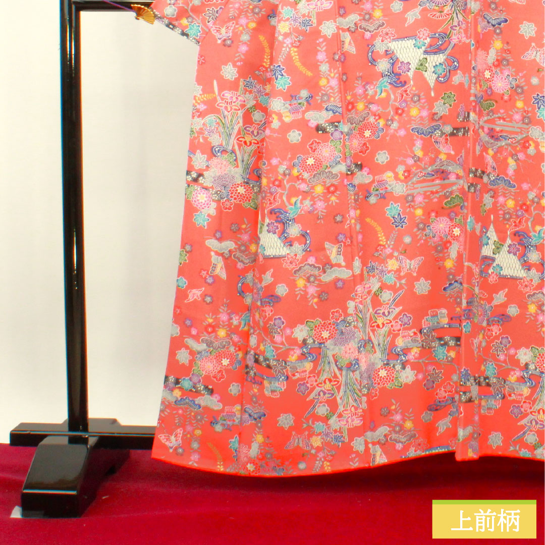 Komon, pure silk, length 161.5cm, sleeve length 64.5cm, lined, medium crimson, Kyoto Bingata, auspicious motif, S rank, pink, 1115004022413