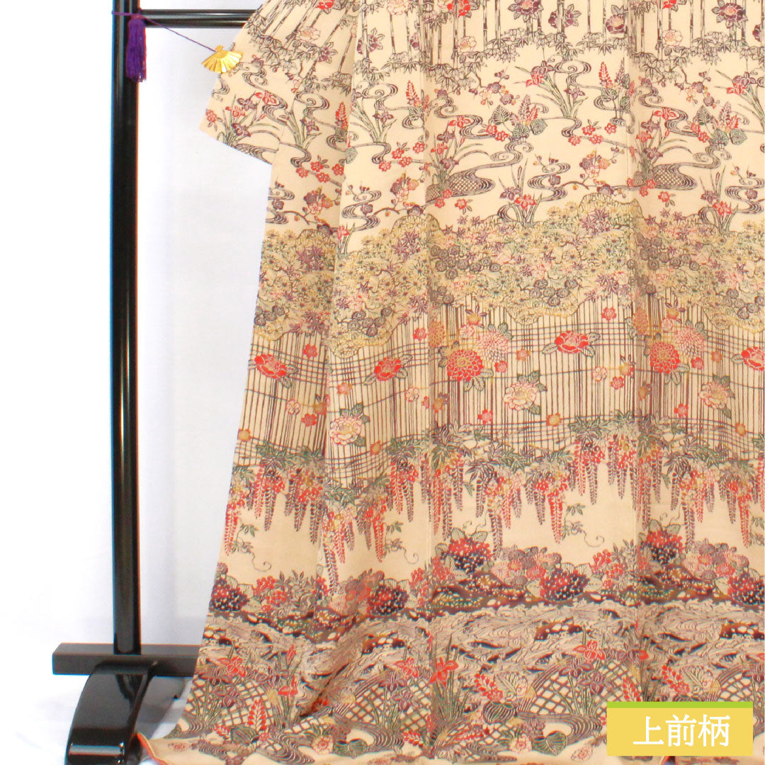 Homongi, pure silk, lined, length 172cm, sleeve length 64.5cm, pine dyed, Kyoto Bingata, auspicious motif, Silfine processing, crepe fabric, S rank, beige, 1112005982625
