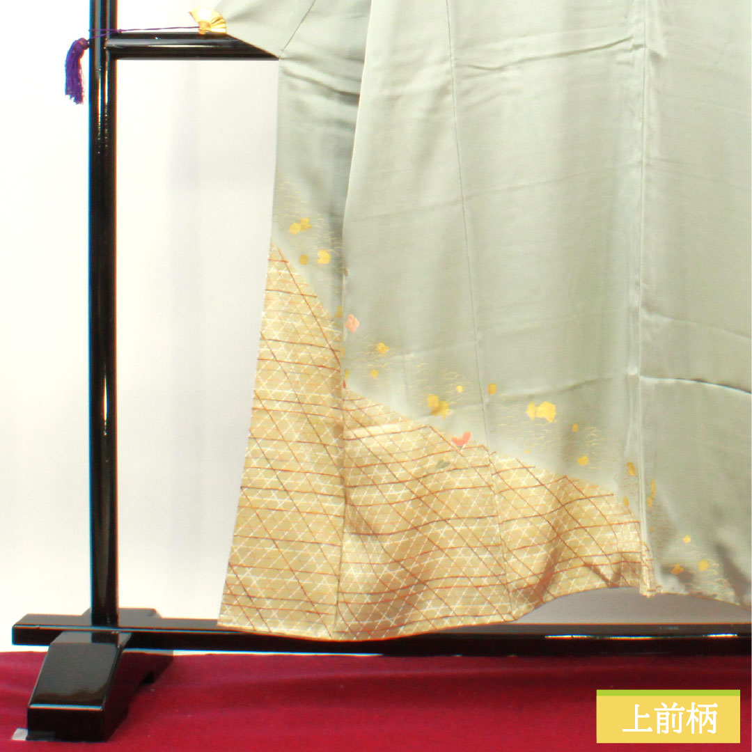 Homongi, pure silk, lined, length 154cm, sleeve length 65cm, Kyoto Yuzen, embroidery, A rank, green, 1112004123219