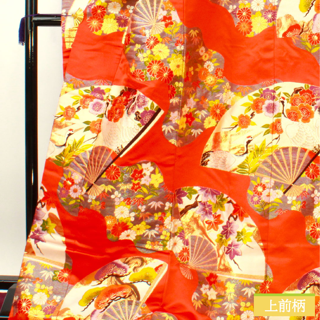 Colored uchikake, pure silk, length 185cm, sleeve length 66cm, maple leaf color, Karaori, auspicious motif, S rank, lined, vermilion, 1110000802916