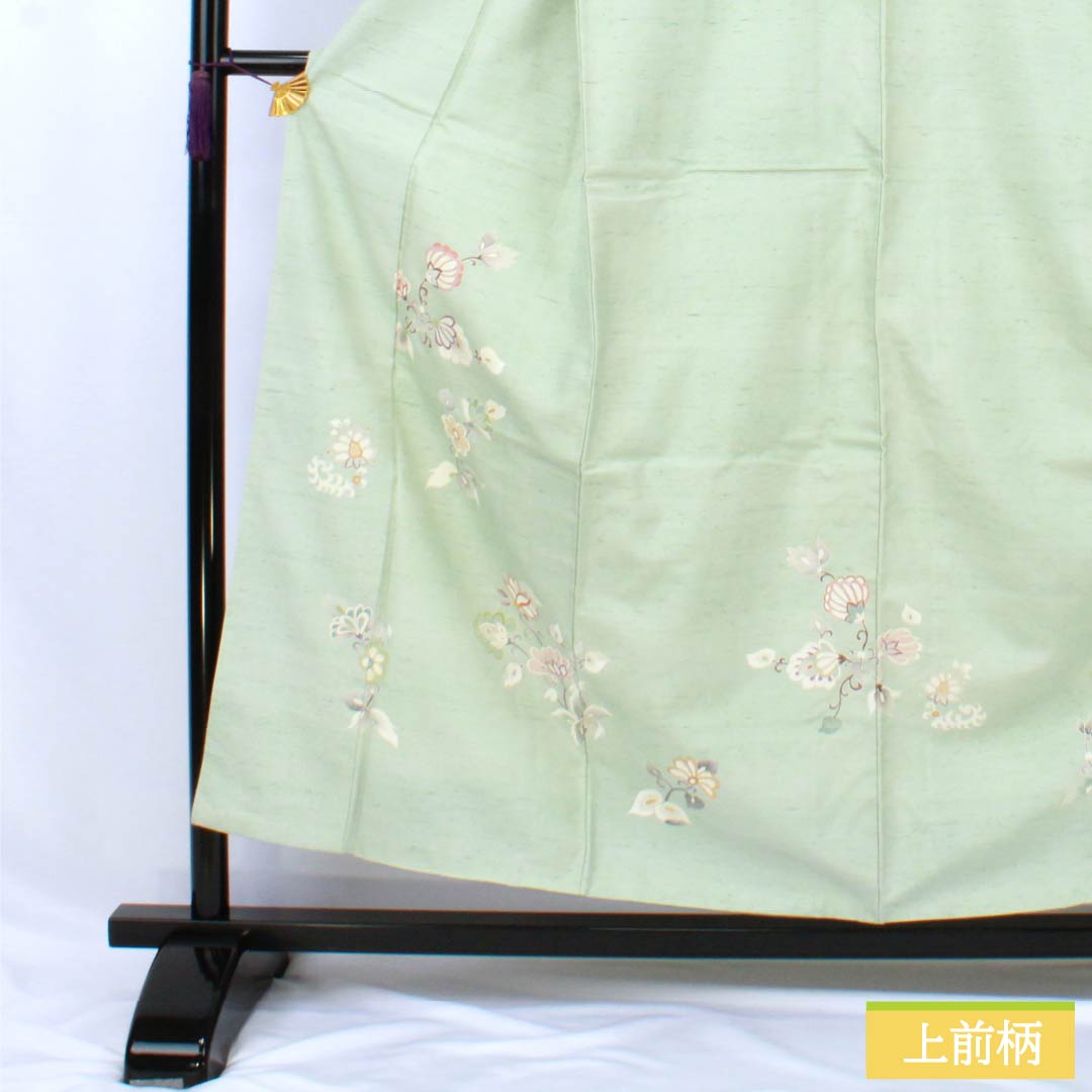 訪問着 正絹 Aランク 袷 身丈155cm 裄丈61cm 薄緑色(うすみどりいろ) 牛首紬 一つ紋 中陰蔦 草花 緑系 1112007533319