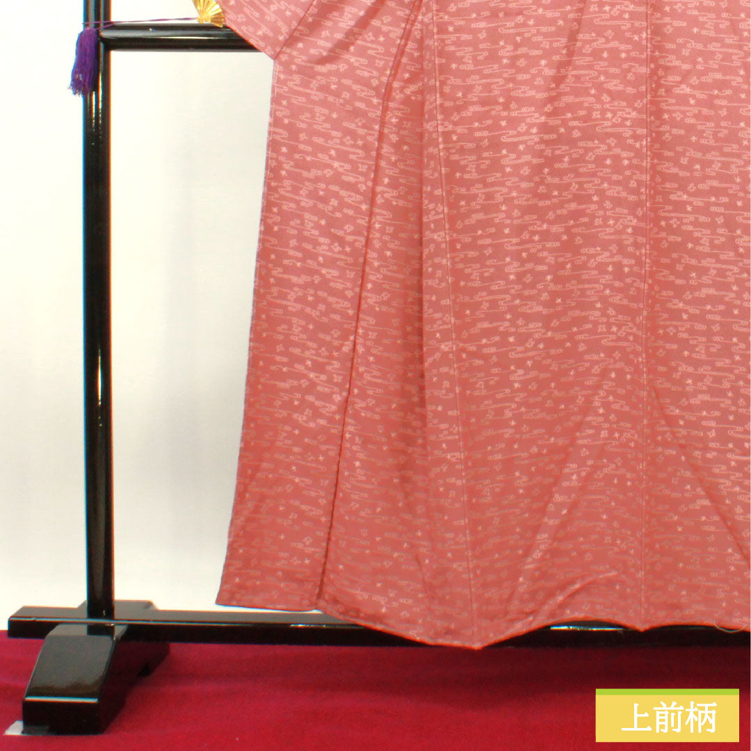 Small pattern, pure silk, length 156cm, sleeve length 63.5cm, lined, red obi (taikoshoku), Living National Treasure Nanbu Yoshimatsu, running water, Ise katagami, S rank, pink, 1115004112313