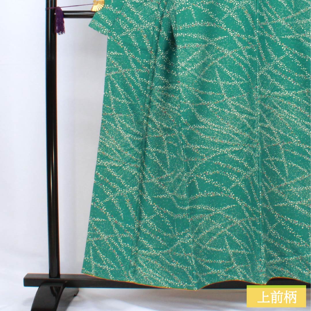Komon (small pattern) kimono, polyester, length 156cm, sleeve length 64cm, lined, medium indigo blue (nakanoaiiro), polka dot pattern, washable, with basting thread, S rank, green, 1115006222319