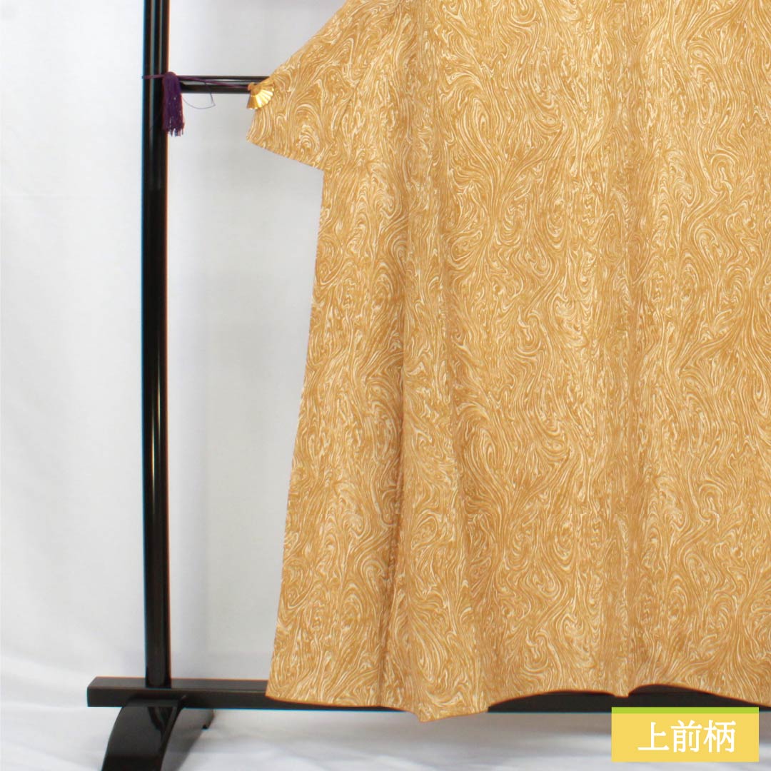 Small-patterned kimono, polyester, S rank, length 156cm, sleeve length 63cm, lined, loquat brown (biwa-chairo) dyed with Sumi-zushi dyeing, with basting threads, washable, orange, 1115007502326