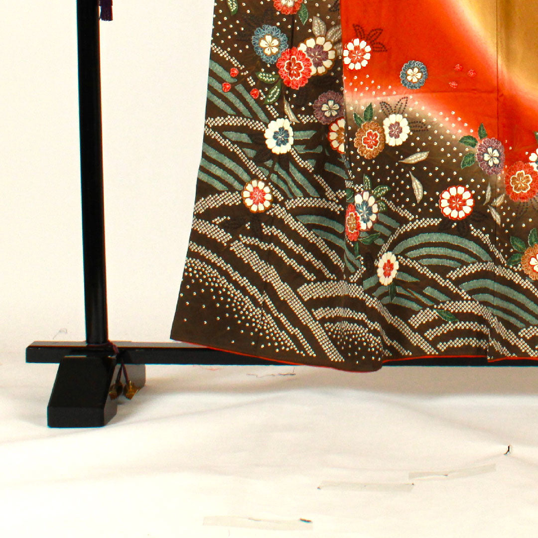 Homongi, lined, length 158cm, sleeve length 64cm, tie-dyed, floral pattern, pure silk, B rank, brown, 1112001044314