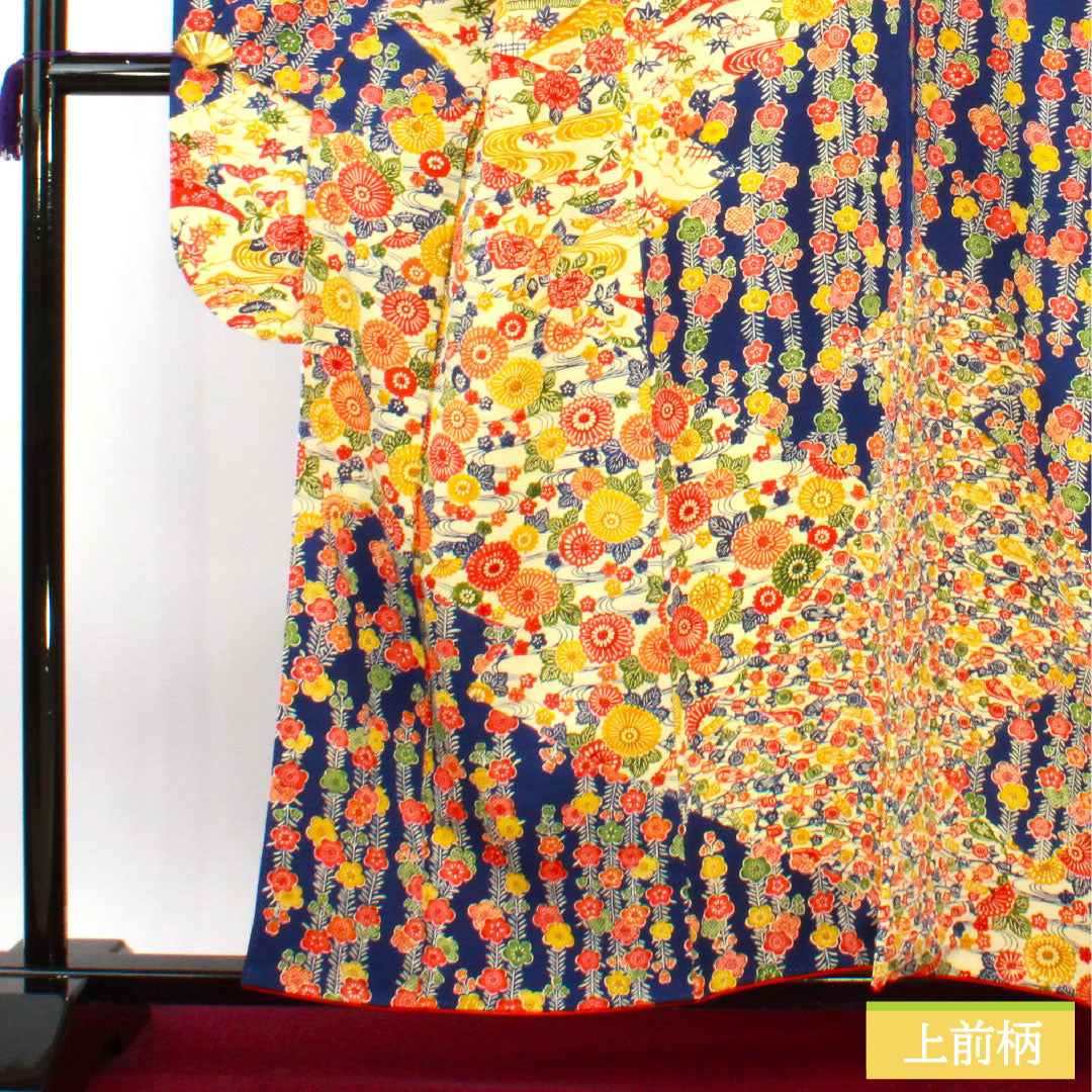 振袖 正絹 身丈157.5cm 裄丈62.5cm 袷 濃紺色(のうこんいろ) 京紅型 吉祥文様 Sランク 紺系 1113002082318