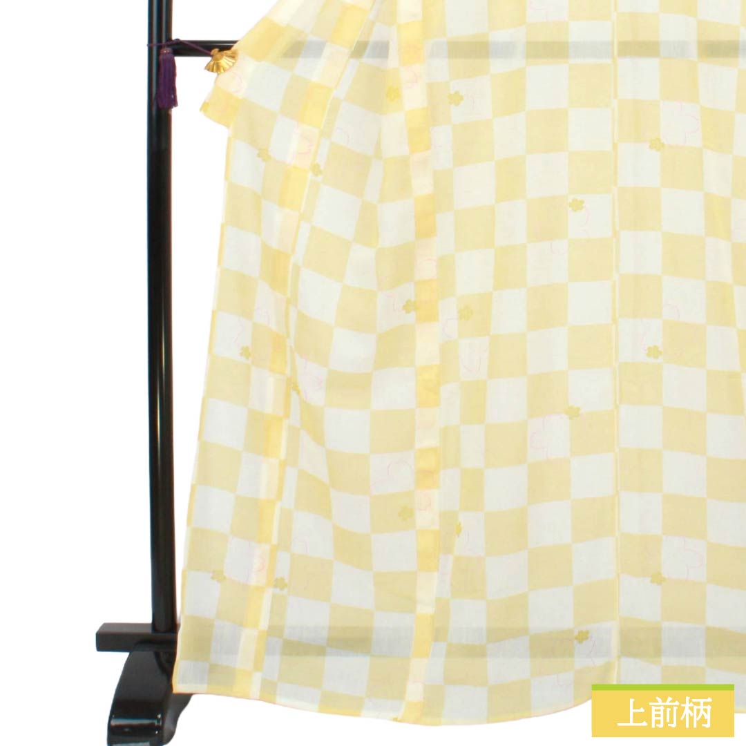 Summer Polyester Komon S Rank Length 167.5cm Sleeve Length 68cm Kikarakami-iro Checkered Sakura Washable Kimono Gauze Yellow 1132003542523