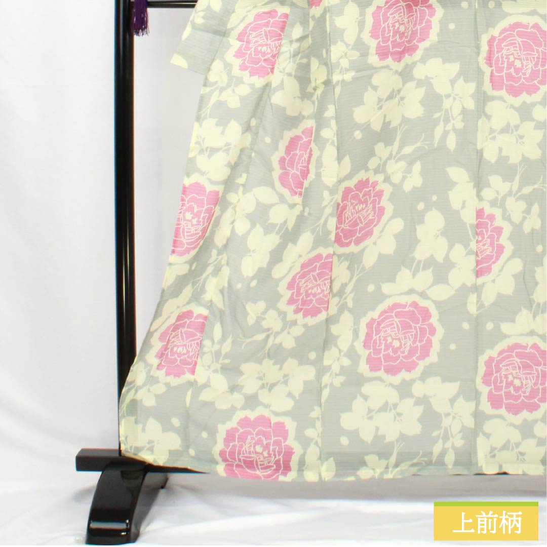 (Brand new, unused) Yukata (casual kimono) made of polyester, length 162.5cm, sleeve length 66.5cm, new rank, single layer, grayish-gray, light ink color (usuzumiiro), floral print, buttons, product number 1118005701422