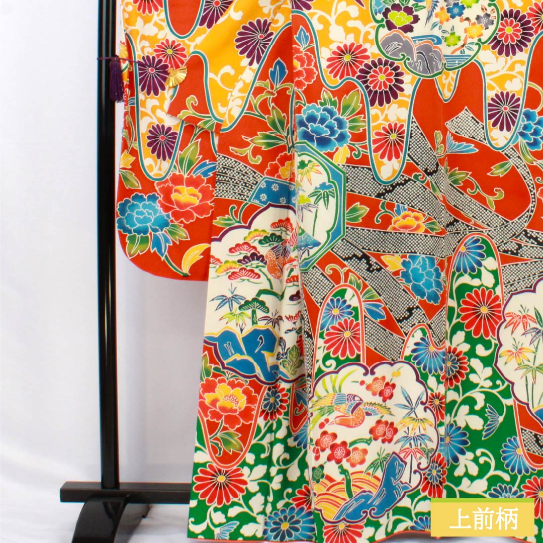 振袖 正絹 Aランク 身丈164cm 裄丈68cm 袷 銀朱色(ぎんしゅいろ) 京紅型 吉祥文様 松竹梅 橙系 1113002263426