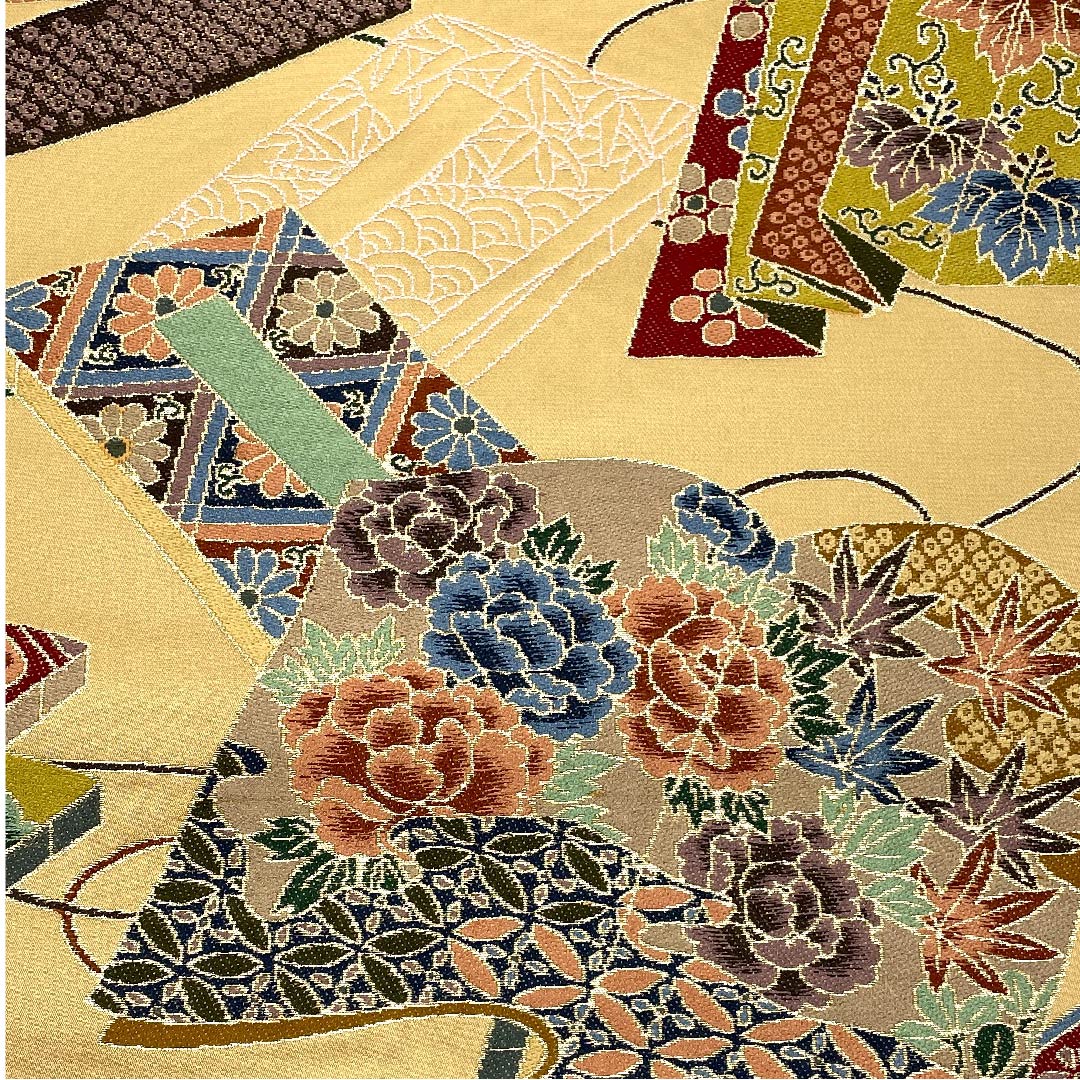 袋帯 山吹鼠色(やまぶきねずみいろ) 白綾苑大庭 時代絵巻 古典花 帯丈420cm 正絹 Sランク 六通 フォーマル 茶系 1123005682314