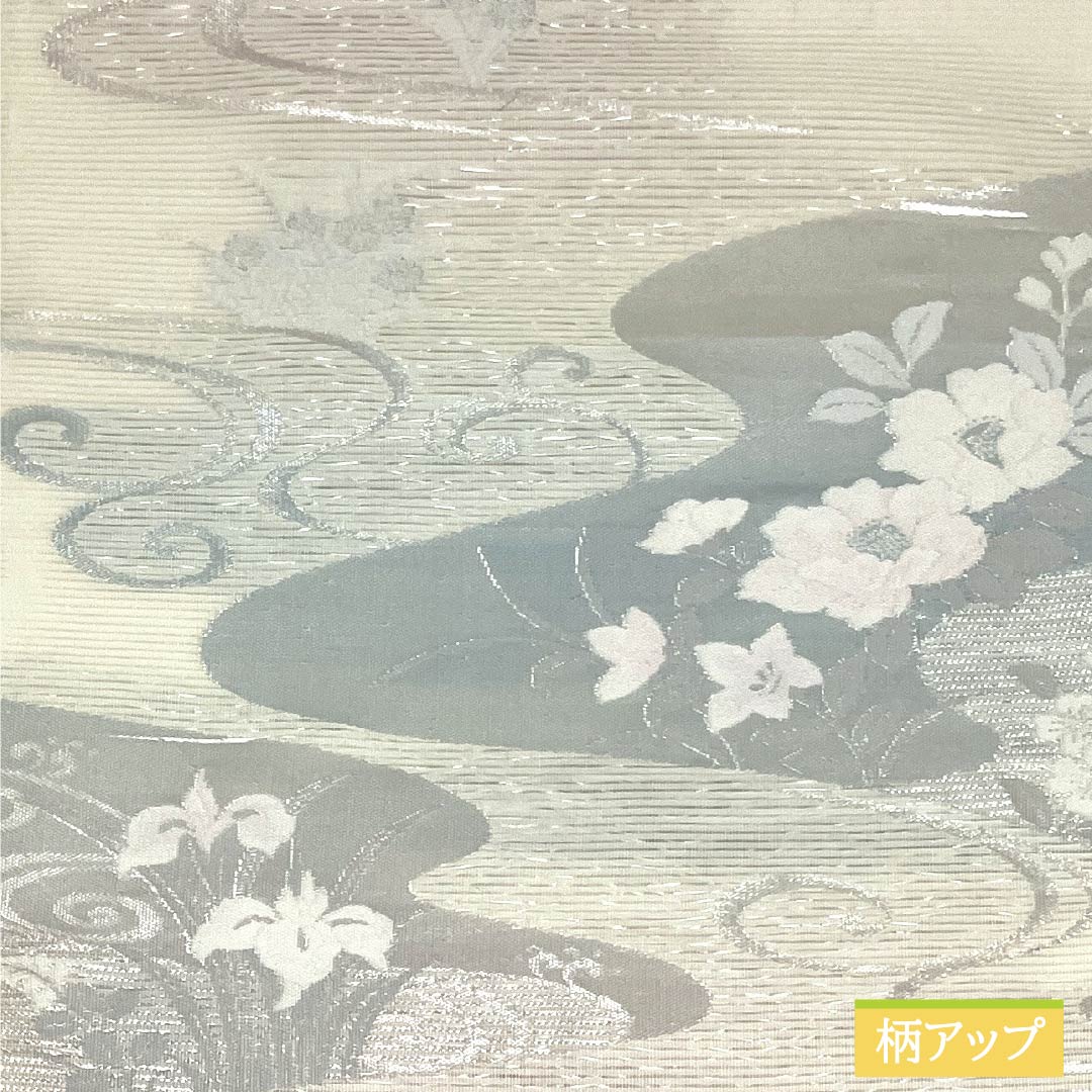 Fukuro Obi (sash), pure silk, A-grade, off-white, summer obi with a gold leaf pattern and flowing water design, hazy, 440cm long, six-pass, semi-formal, white, 1123015103311