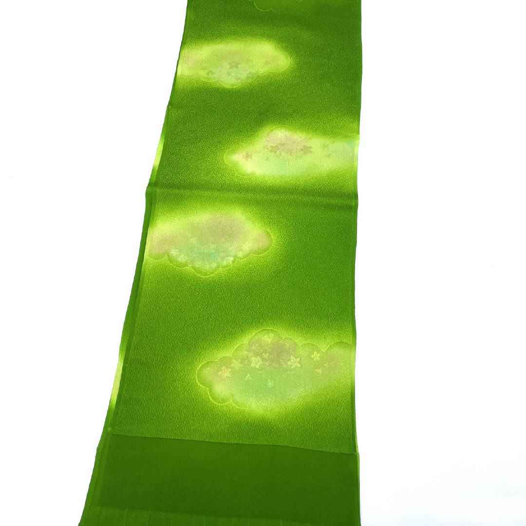 帯揚げ 正絹 Sランク セミフォーマル 柳緑色(りゅうりょくいろ) 雲取り 花 長さ約181cm 幅約28.5cm 緑系 1136004082919