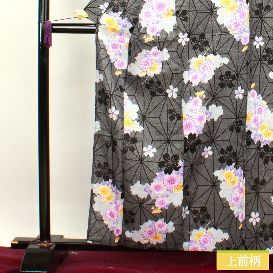 Yukata Cotton Length 160cm Sleeve length 64cm S rank Single layer Black Hemp leaf Chrysanthemum Cherry blossom 1118004532410