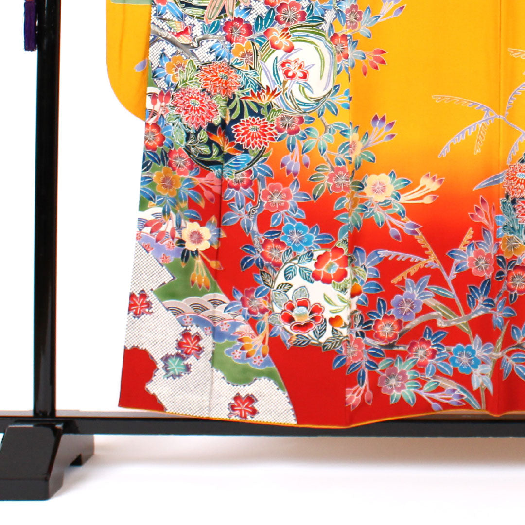 振袖 身丈157cm 裄丈65cm 袷 作家物 京紅型 櫨染色 正絹 Sランク 黄系 1113000032323