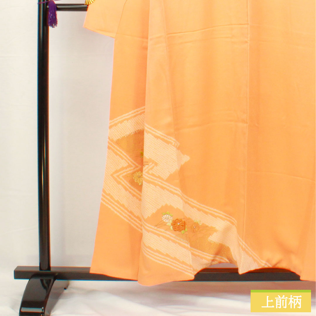 Homongi, pure silk, lined, length 154cm, sleeve length 64cm, vermilion, partially tie-dyed, partially embroidered, chrysanthemum, A rank, orange, 1112005403226