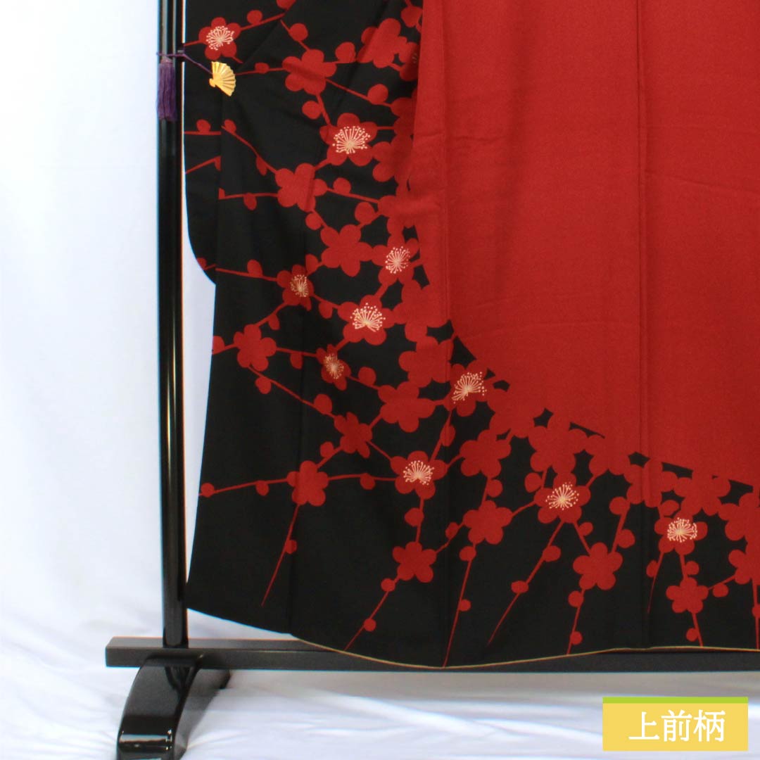 Furisode Silk A Rank Length 156.5cm Sleeve length 64cm Lined Sho-enji-iro (Deep Carmine) Kyo-Yuzen Stencil Dyed Plum Modern Sawaya Guard Red 1113002943312