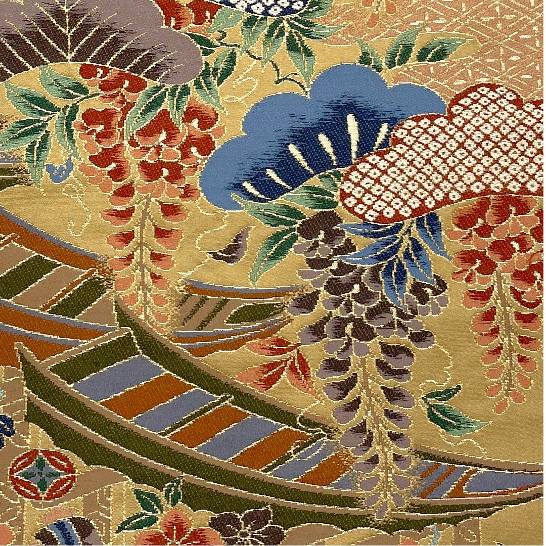 Fukuro Obi (Japanese sash) in gray, with treasures, boat, pine, Shirayaen Oba, obi length 432cm, pure silk, S rank, six-pass, formal, beige, 1123008942325